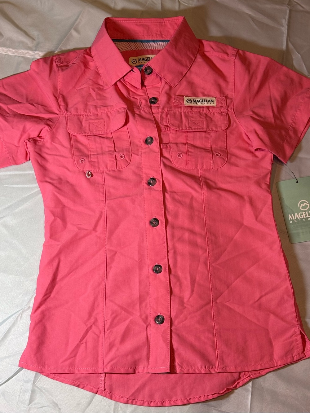Magellan Outdoors Girls Coral Pink Short-Sleeve Button Front Shirt